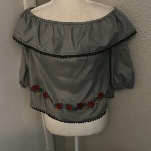 Bleuh Ciel Embroidered Gingham Boho Top Black/White/Red S Balletcore Boho Preppy